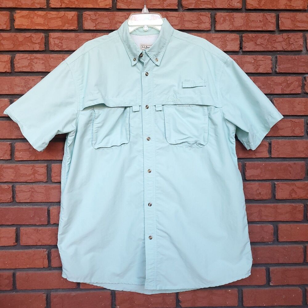LL Bean Vented Camp Shirt L Tall Short Sleeve Teal Sea Green Nylon Blend Outdoor
